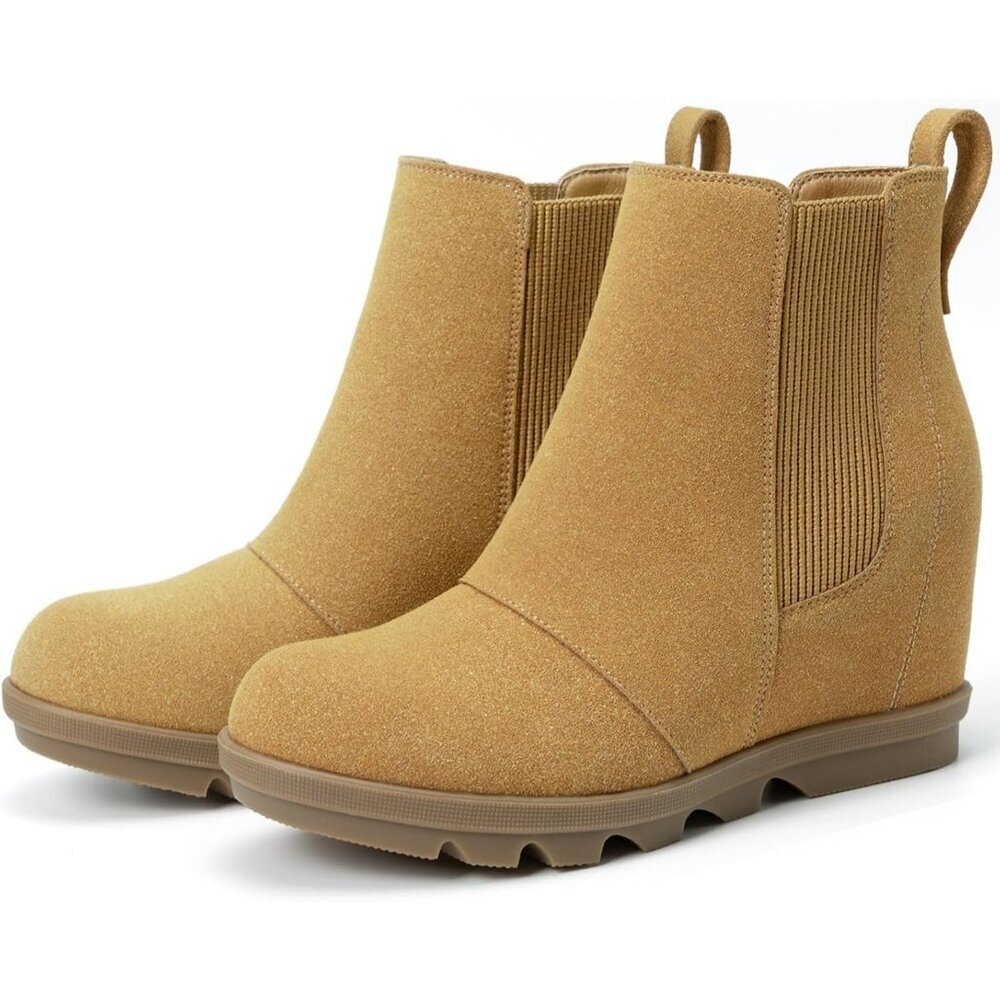 Athlefit Women's Light Brown Faux Leather Wedge Comfortable Ankle Wedge Booties - Picture 6 of 6